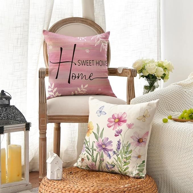 AVOIN colorlife Spring Saying Flowers Butterfly Pink Throw Pillow Covers, 20 x 20 Inch Home Sweet Home Cushion Case for Sofa Couch Set of 4