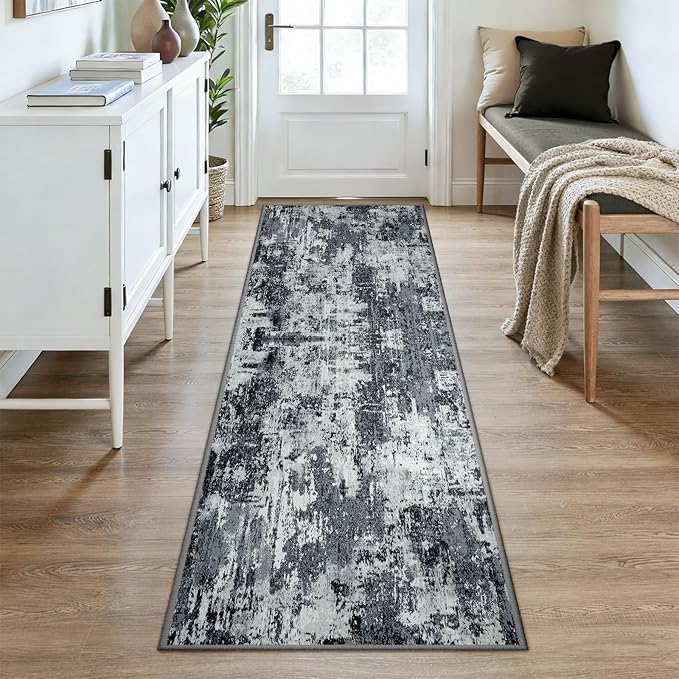 Washable Area Rugs 3x8 Non-Slip Modern Abstract Soft for Living Room Entryway Bedroom Nursery, Print Pattern, Black Navy Blue Gray