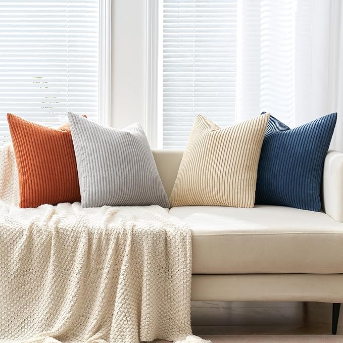 MIULEE Boho Farmhouse Throw Pillow Covers 18x18 Inch Set of 4 Summer Mordern Neutral Cushion Covers Soft Corduroy Nordic Home Decor for Couch Bed Sofa Living Room Blue-Yellow