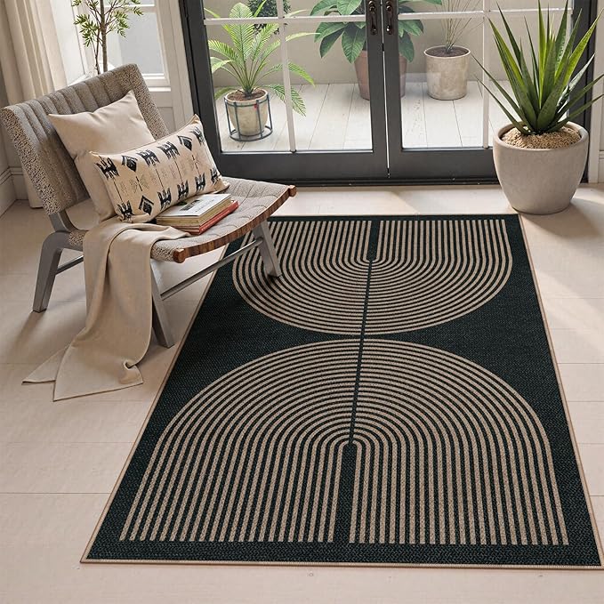 Lahome Enfys Modern Rainbow Easy Jute Outdoor Patio Rug, 3x5 Black Washable Rugs for Entryway Office Farmhouse Classroom Carpet, Contemporary Non Slip Front Door Mat for Porch Guestroom Room Decor
