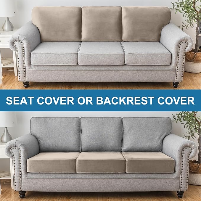 Couch Cover Stretch Velvet Sofa Cushion Cover 2-Piece - Elastic Washable Slipcover for Seat or Backrest, Couch Seat Covers for Sofas (Taupe)