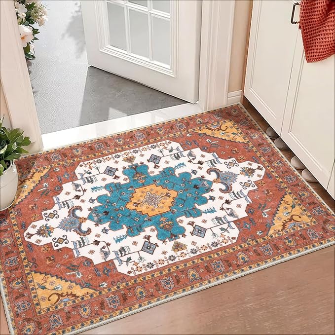SERISSA Boho Rugs for Entryway, 2x3 Orange Entryway Rug Non-Slip Washable Small Area Rug, Ultra Soft Oriental Vintage Low-Pile Indoor Door Mat Floor Carpet for Entrance Bedroom Kitchen Bathroom