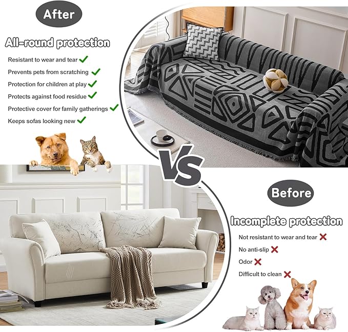 HANDONTIME Boho Geometric Couch Covers for Sofa Pet Friendly Dark Grey and Black Sofa Covers Washable Chenille Couch Blanket Cover for 2 Cushion Couches Pet Protector Furniture Cover Soft, 71" X 118"