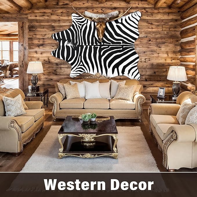 AROGAN Premium Faux Zebra Hide Rug 5.2 x 6.2 Feet, Sturdy and Large Size Bear Print Rugs, Suitable for Bedroom Living Room Western Decor, Faux Fur Animal Carpet, Black and White