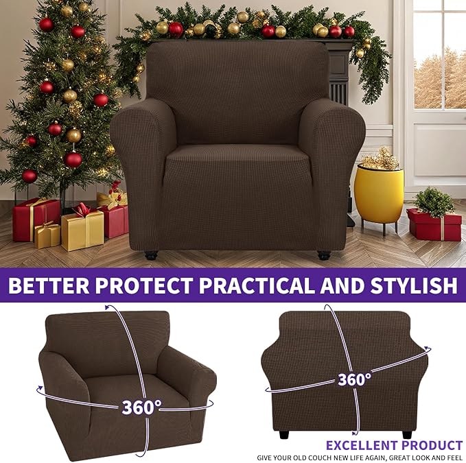 ZNSAYOTX Super Stretch Chair Slipcover Universal Sofa Chair Covers for Living Room Dogs Pet Furniture Protector Spandex Armchair Slipcovers with Anti Slip Foam Sticks (Coffee, Chair)
