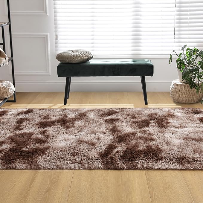 Tepook Fluffy Runner Rugs for Bedroom Aesthetic 2x6 Feet, Shag Soft Bedside Rug with Non-Slip Bottom, Fuzzy Plush Carpet for Room, Hallway Rug for Nursery Dorm Indoor Home Decor, Tie-Dyed Coffee