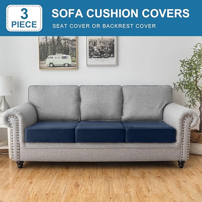 Couch Cover Stretch Velvet Sofa Cushion Cover 3-Piece - Elastic Washable Slipcover for Seat or Backrest, Couch Seat Covers for Sofas (Berlin Blue)