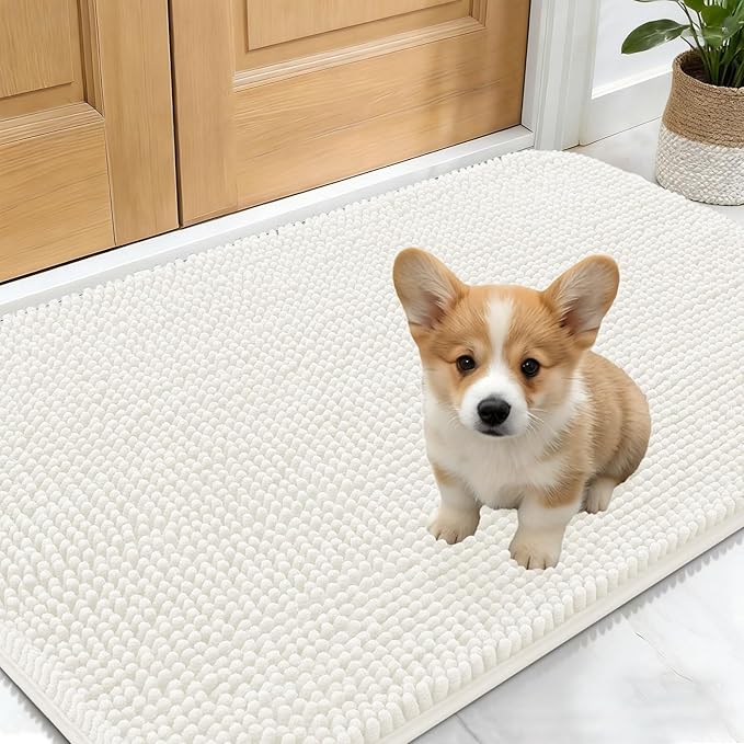 OLANLY Dog Door Mat for Muddy Paws 24x16, Absorbs Moisture and Dirt, Absorbent Non-Slip Washable Doormat, Quick Dry Chenille Mud Mat for Dogs, Entry Indoor Entryway Carpet for Inside Floor, Ivory