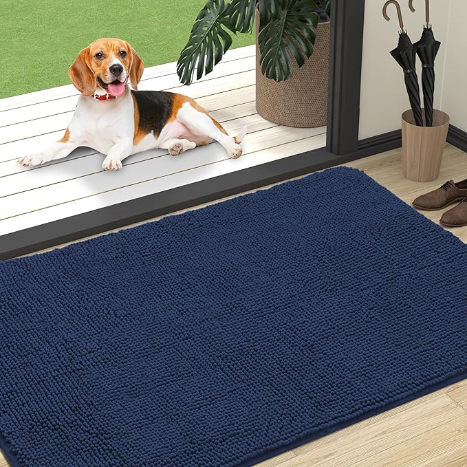 OLANLY Dog Door Mat for Muddy Paws 47x32, Absorbs Moisture and Dirt, Absorbent Non-Slip Washable Doormat, Quick Dry Chenille Mud Mat for Dogs, Entry Indoor Entryway Carpet for Inside Floor, Dark Blue