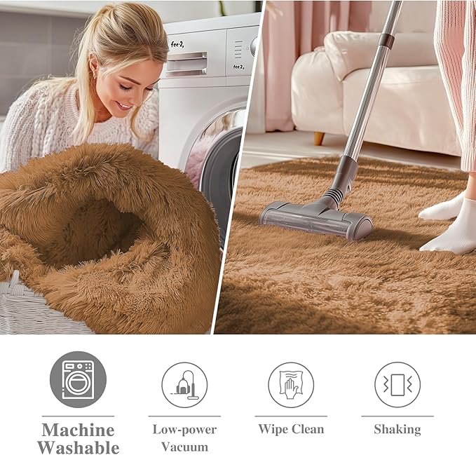 OLANLY Khaki Round Rugs for Bedroom - Machine Washable, 8 ft Circle Area Rugs for Living Room, Soft and Fluffy Shaggy Carpet for Teen Girl and Boys, Nursery Rooms, Dorms, Home Decor Aesthetic