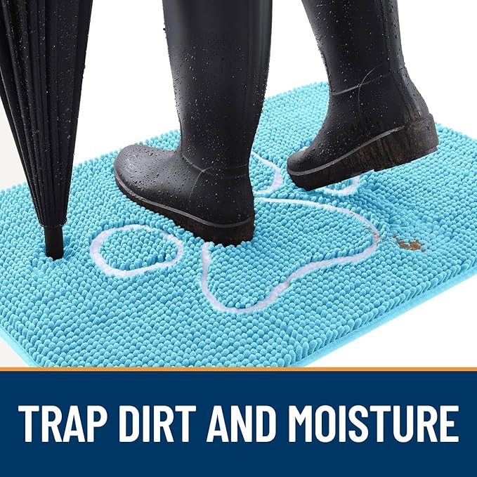 OLANLY Dog Door Mat for Muddy Paws 48x30, Paw Print Design, Absorbs Moisture and Dirt, Absorbent Non-Slip Washable Doormat, Quick Dry Chenille Mud Mat for Dogs, Entry Indoor Entryway Carpet, Blue