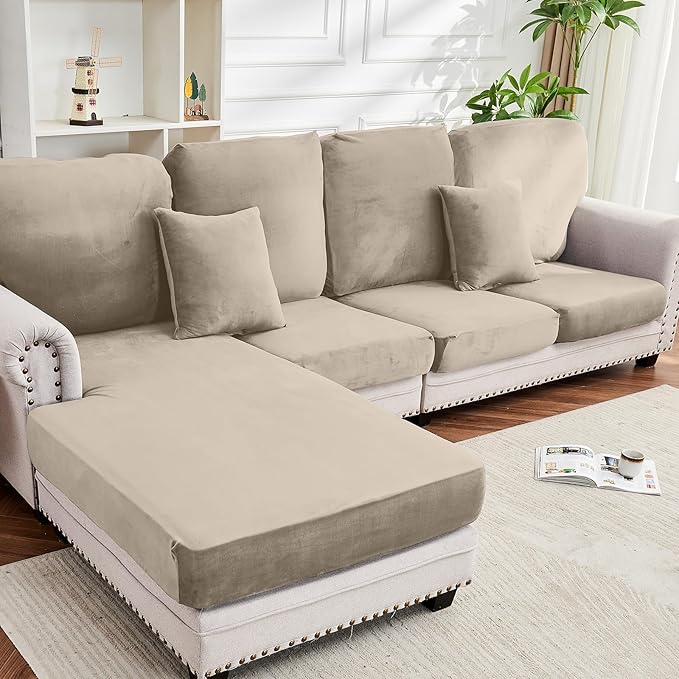 Couch Cover 8-Piece Elastic Velvet Couch Cushion Covers & Chaise Slipcovers for L-Shaped Sofas - Sofa Seat Covers Washable, Soft Protector for Couches (7 Seater + Chaise, Taupe)