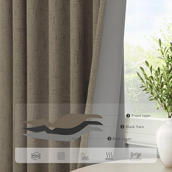 Linen Brown Curtains for Bedroom 84 Inch Long 2 Panel Burg 100% Blackout Back Tab Pleated Look Drape Light Blocking Thermal Insulated Burlap Farmhouse Black Out Curtain for Living Room 52x84 in Length