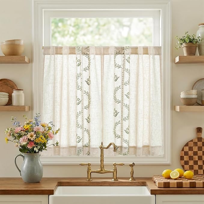 jinchan Belrose Linen Floral Kitchen Curtains 36 inch Length Embroidered Farmhouse Cafe Curtains for Living Room Bathroom Small Windows Curtain Set Sheer Light Filtering 2 Panels Sage Green