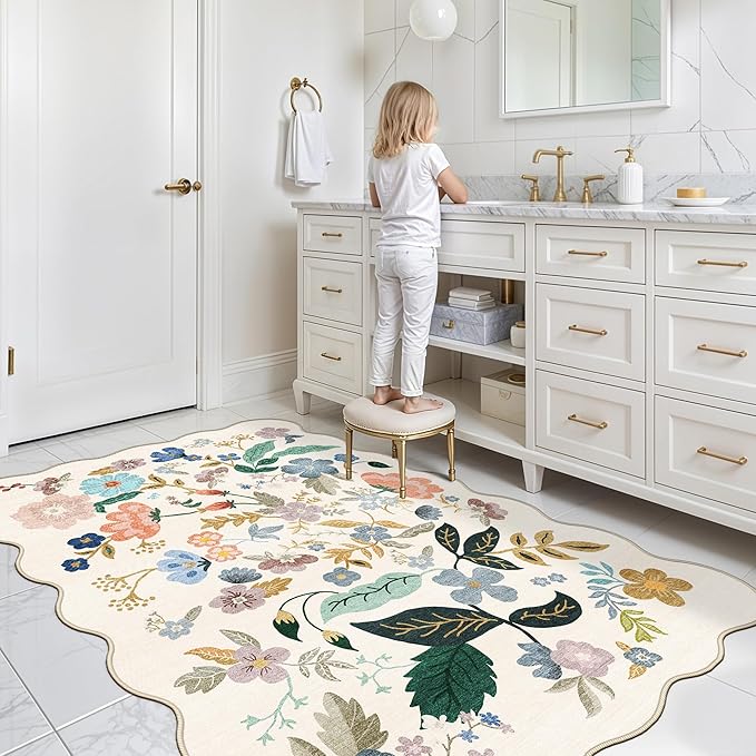 4x6 Living Room Area Rugs: Washable Boho Kitchen Rugs Non Slip Low-Pile Small Bedside Carpet for Bedroom Nursery Water-Resistant Beside Rug Non-Shedding Floor Mat for Kids Pets Family(4x6，Cream)