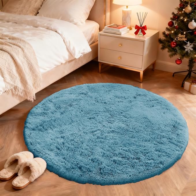 OLANLY Slate Blue Round Rugs for Bedroom - Machine Washable, 4 ft Circle Area Rugs for Living Room, Soft and Fluffy Shaggy Carpet for Teen Girl and Boys, Nursery Rooms, Dorms, Home Decor Aesthetic