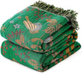 MSGKV Boho Throw Blanket 100% Cotton Green Blanket 90''x 98'' Spring Reversible Blankets with Tassels Warm Soft Blanket for Bed Sofa Living Room