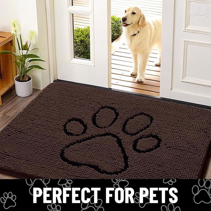 Smiry Dog Door Mat for Muddy Paws, Absorbent Dirt Trapper Non Slip Quick Dry Washable Chenille Mat for Mud Dogs, Entry Rug for Indoor and Outdoor (40x32 Inches, Brown and Black)