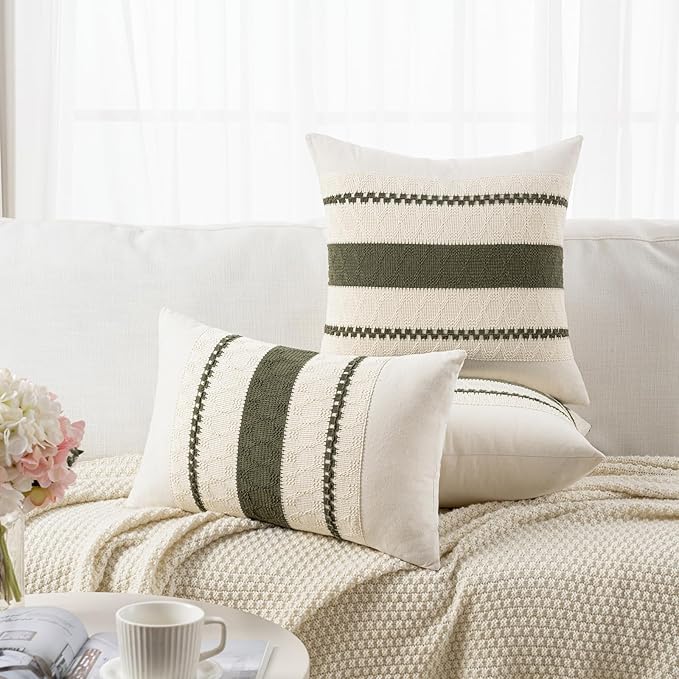 Fancy Homi Set of 1 Boho Olive Green Lumbar Decorative Throw Pillow Cover 12x20 Inch for Couch Bed Sofa Chair, Modern Organic Farmhouse Home Decor, Soft Cotton Cute Accent Rectangle Cushion Case