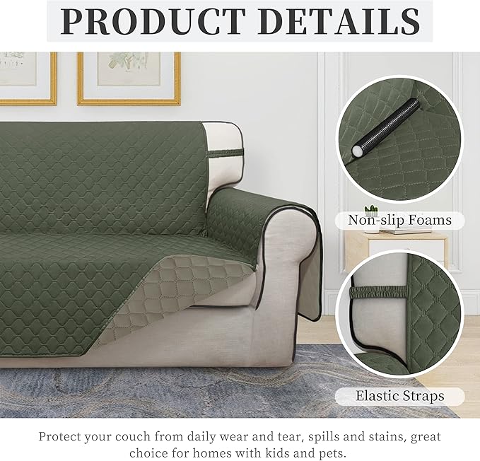 ISSUNTEX Double Protection 100% Waterproof Sofa Covers for Living Room, Couch Covers for 3 Cushion Couch Sofa, Reversible Furniture Protector Sofa Cover for Dogs, Pets (Sofa, Greyish Green/Beige)