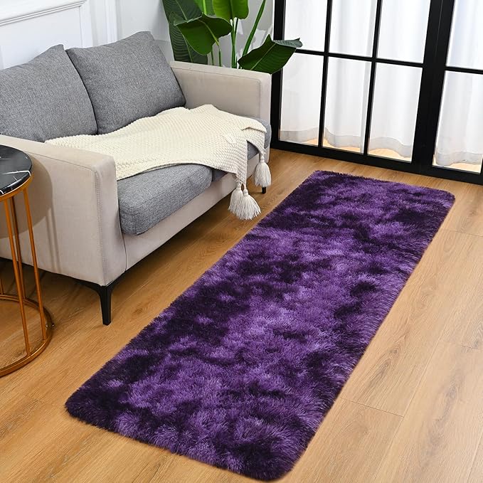 Goideal Fluffy Runner Rug for Bedroom Living Room, 2x6 Purple Bedside Rugs, Faux Fur Shag Modern Carpet Ultra Soft Girls Boys Room Home Decor, Tie-Dyed