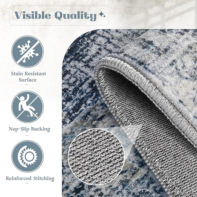 Area Rug 8x10 Washable Rug, Vintage Boho Medallion Rugs Non-Slip Soft Low Pile Large Distressed Rug Indoor Retro Carpet for Living Room Bedroom Dining Room Home Office (Blue, 8'x10')