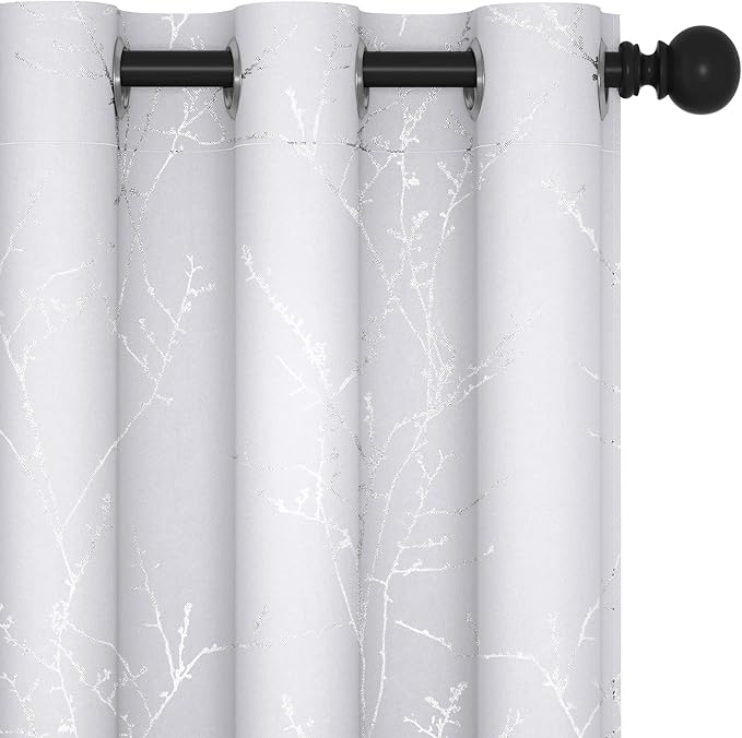 Deconovo Greyish White Curtains, Room Darkening Curtain, Thermal Insulated Soundproof Drapes, Silver Branch Print, 42 x 72 Inch Long, Grommet Window Panels for Living Room Bedroom Nursery, Set of 2