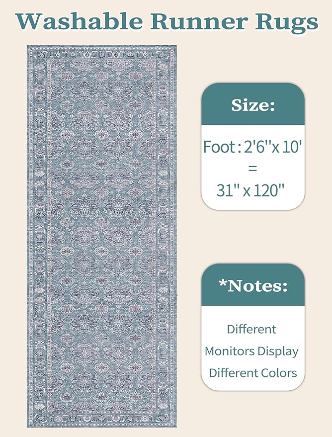 SERISSA Boho Washable Runner Rug, 2'6"x10' Long Non-Slip Vintage Floral Hallway Kitchen Stair Runner Rug Ultra Soft Print Distressed Blue Grey Floor Carpet for Bathroom Laundry Room
