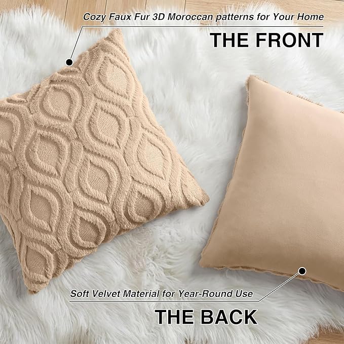 decorUhome Throw Pillow Covers 18x18 Inch Set of 2, Soft Plush Faux Wool Light Khaki Solid Couch Pillow Covers, Accent Farmhouse Neutral Square Pillow Cases for Sofa Bed Living Room