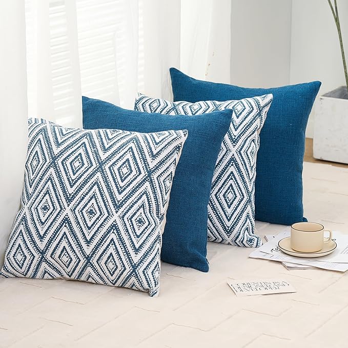 HPUK Decorative Throw Pillow Covers Set of 4 Couch Pillows Linen Cushion Cover for Couch Sofa Living Room, 18"x18" inches, Navy Blue