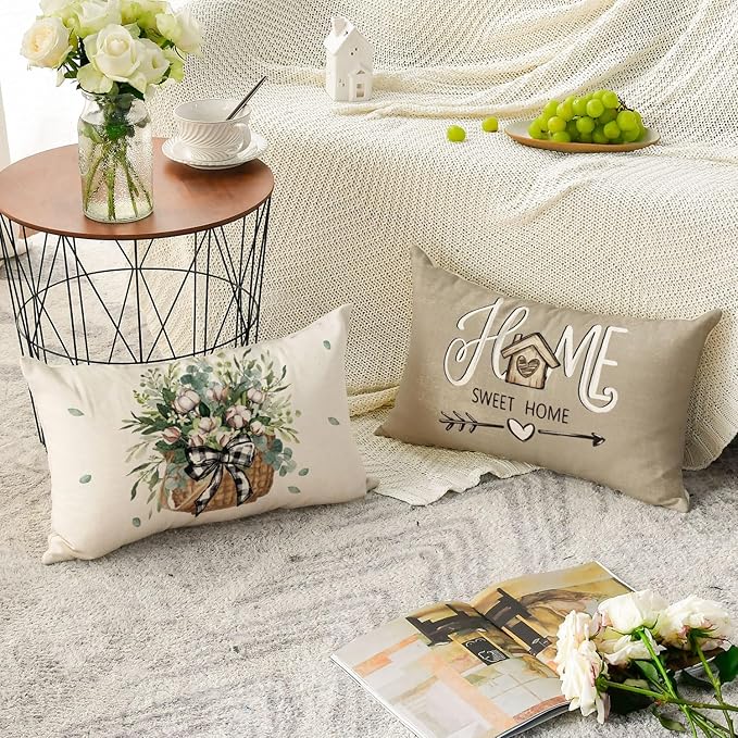 AVOIN Colorlife Bless Our Home Farmhouse Eucalyptus Leaves Throw Pillow Covers, 12 x 20 Inch Truck Sweet Home Cushion Case Decorations Set of 4