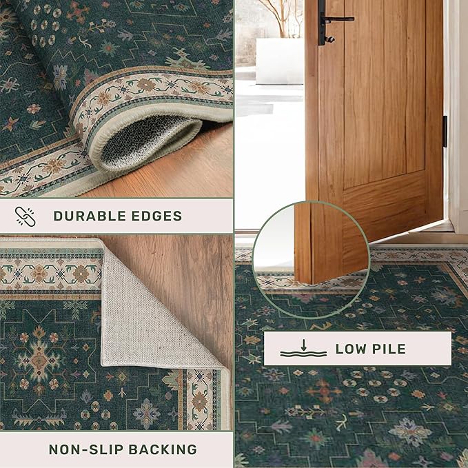 Dark Green Washable 2'6"x10' Long Runner Rugs for Hallway, Non Skid 10ft Indoor Rugs for Entryway, Stain Resistant Low Pile Carpet Boho Indoor Décor