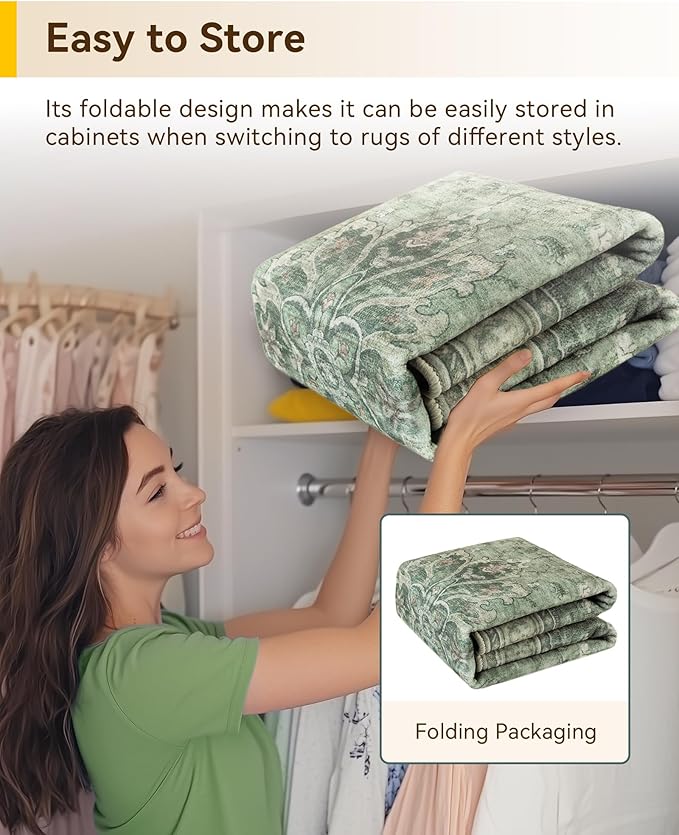 RELEANY Area Rugs Square 7ft Washable Non-Slip, Floral Vintage Distress Print Pattern Medallion Carpet for Living Room Bedroom Dining Room, Dark Green Gray