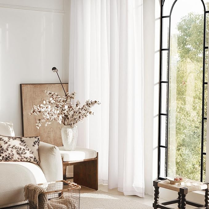 Linen White Curtains 90 inches Long for Bedroom Loop Pocket Privacy Light Filtering Semi Sheer White Boho Farmhouse Curtain Drapes Cotton Textured Modern Elegant Coastal Living Room Decor 42x90