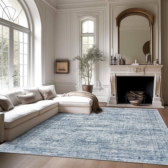 Washable Area Rug 8x10, Large Soft Rugs for Living Room Vintage Blue 8x10 Area Rugs for Bedroom Dining Room Non-Slip Stain Resistant Under Table Rug