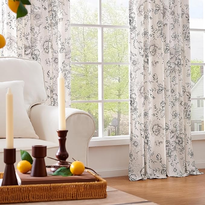 jinchan Linen Blend Curtain Floral Curtains for Living Room 120 Inch Length Black Printed Curtain Rod Pocket Back Tab Farmhouse Peony Flower Patterned Drapes Bedroom Window Curtains Set 2 Panels