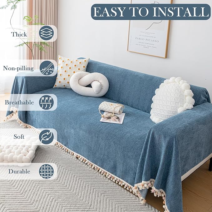 HANDONTIME Couch Slipcover Dog Sofa Covers Boho Couch Cover for Dogs Blue Sofa Throw Cover Bohemian Sofa Covers for 3 Cushion Couch Herringbone Sectional Couch Cover Slipcovers for Sofas, 91" X118"