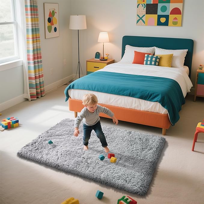 Shag Area Rug for Bedroom 3x5,Grey Fluffy Area Rugs for Living Room,Soft Fuzzy Rug Non-Shedding Indoor Plush Carpet for Kids Bedroom Nursery Dorm Home Decor