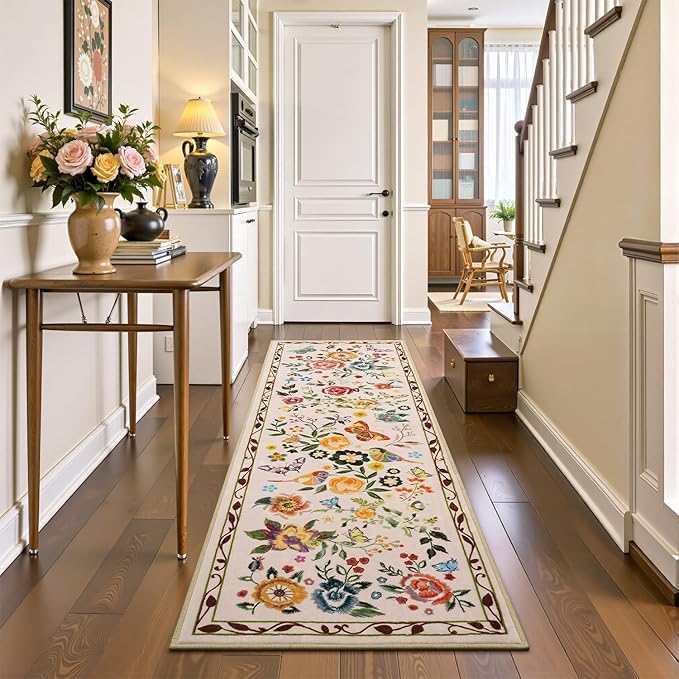 Rugflix 2x6 Runner Rug for Hallway, Washable Kitchen Runner Non Slip, Soft Low Pile Entryway Carpet, Vintage Floral Stain Resistant Long Laundry Room Rugs for Bedroom, Stairs, Beige