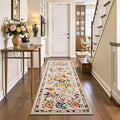Rugflix 2x6 Runner Rug for Hallway, Washable Kitchen Runner Non Slip, Soft Low Pile Entryway Carpet, Vintage Floral Stain Resistant Long Laundry Room Rugs for Bedroom, Stairs, Beige