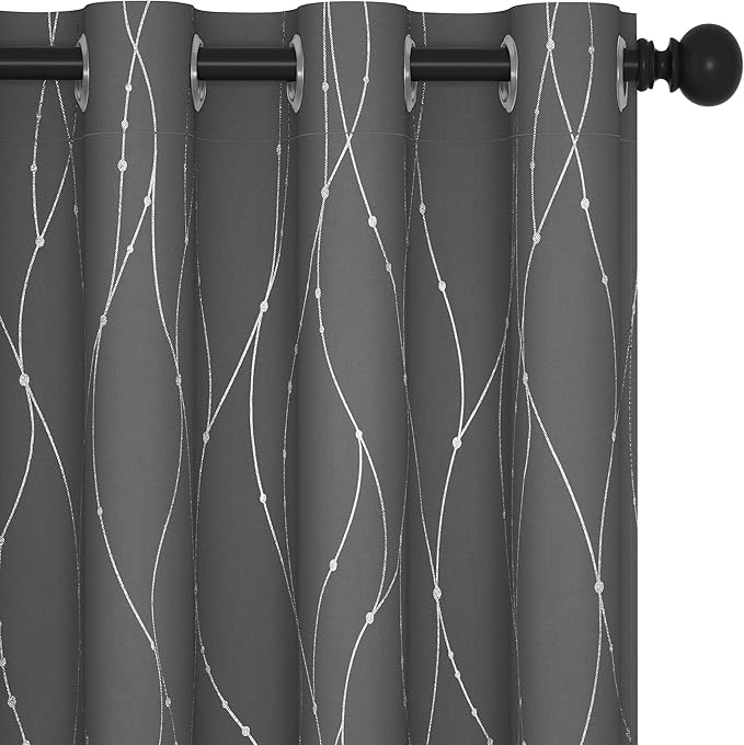 Deconovo Grey Blackout Curtains, Room Darkening Thermal Insulated Noise Reducing Drapes, Wave Dots Silver Print, 52 x 63 Inch, Grommet Window Panels for Living Room Bedroom Kids Room, Set of 2