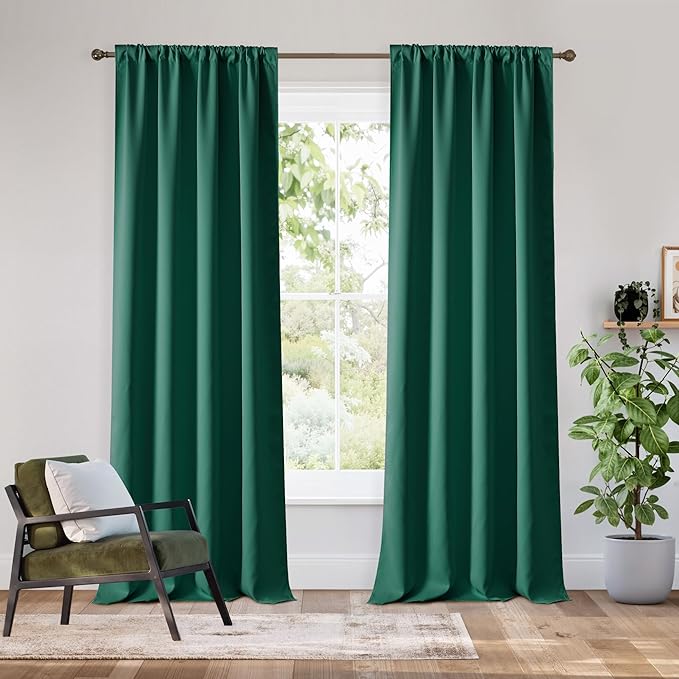 RYB HOME Bedroom Blackout Curtains 80 inches Long, 100% Blackout Thermal Insulated Noise Reducing Curtains for Living Room Nursury, 34 inches Wide by 80 inches Long, Dark Green