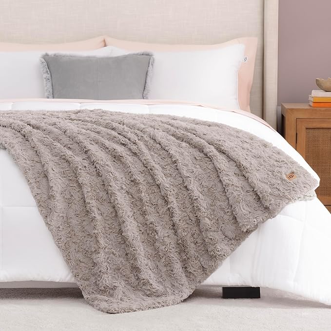 UGG Adalee Faux Fur Throw Blanket, Luxury Cozy Fluffy Blanket for Living Room or Bedroom, Decorative Double-Sided Fuzzy Throw, Machine Washable Spring Decor, 50-inch x 70-inch, Oyster Brown