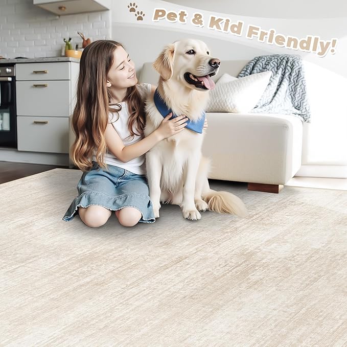 Area Rugs 6x9 for Living Room: Washable Rug Modern Abstract Neutral Soft Non-Slip Low-Pile Indoor Carpet for Bedroom Dining Room Playroom Home Office (Beige, 6'x9')