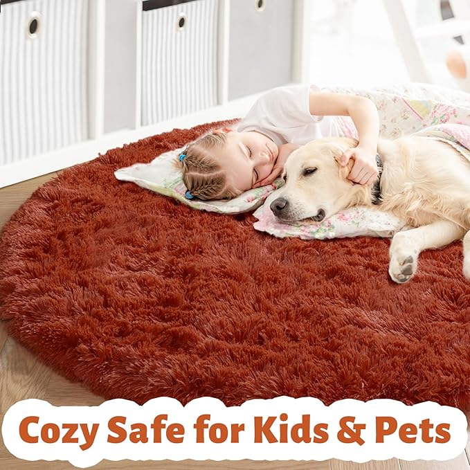 Amdrebio Terracotta Rust Round Circle Rug 5Ft for Bedroom Living Room, Fluffy Fuzzy Shaggy Furry Area Rugs for Kids Room Decor Aesthetic, Cute Plush Shag Rustic Carpet for Nursery Dorm Classroom