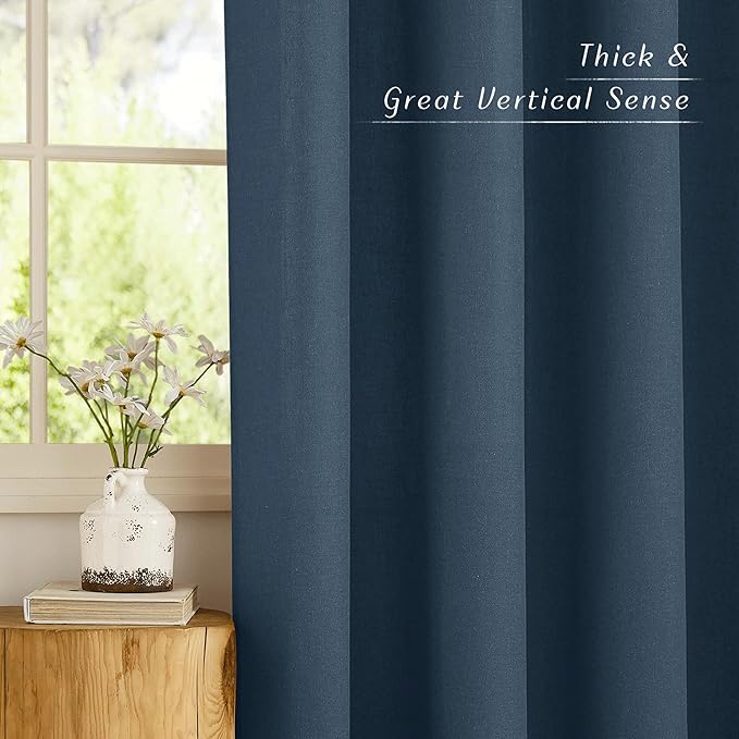 NICETOWN Semi Sheer Flax Linen Navy Blue Curtains 96 inches Long, Grommet Thick Linen Curtains Privacy Added with Light Filtering Window Treatments for Bedroom, W55 x L96, 2 Panels