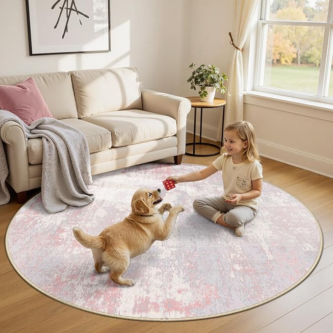 Washable Area Rugs 6ft Non-Slip Modern Abstract Soft for Living Room Entryway Bedroom Nursery, Print Pattern, Grey Pink