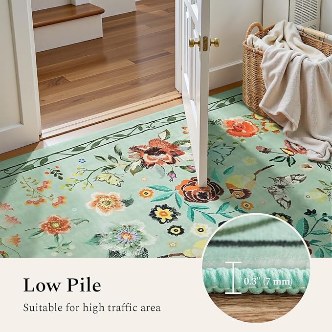 Rugflix 2x6 Runner Rug for Hallway, Washable Kitchen Runner Non Slip, Soft Low Pile Entryway Carpet, Vintage Floral Stain Resistant Long Laundry Room Rugs for Bedroom, Stairs, Green