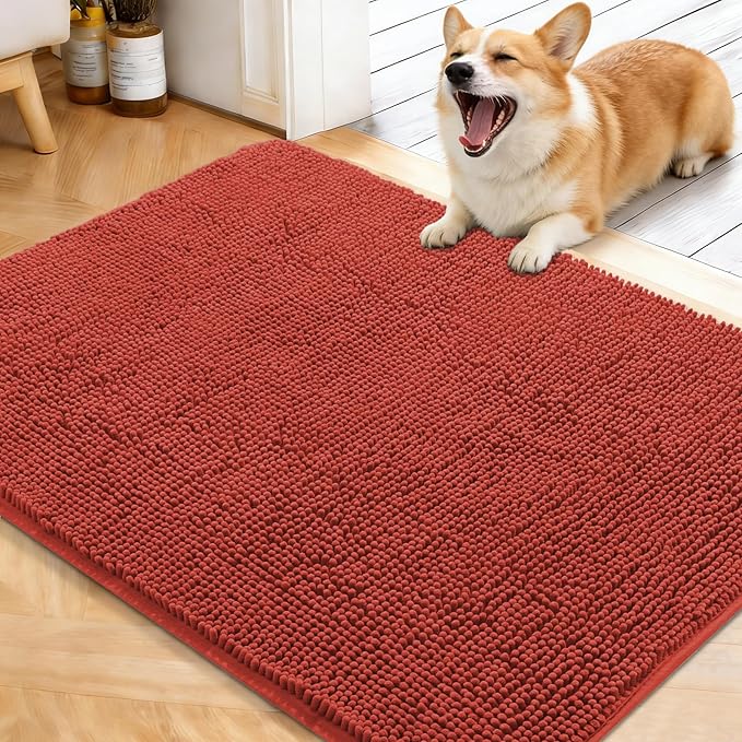 OLANLY Dog Door Mat for Muddy Paws 40x32, Absorbs Moisture and Dirt, Absorbent Non-Slip Washable Doormat, Quick Dry Chenille Mud Mat for Dogs, Entry Indoor Entryway Carpet for Inside Floor, Maple Red