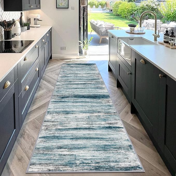 KOZYFLY Runner Rug 3x10 Modern Ombre Runners for Hallways, Washable Rugs for Bedroom Non-Slip Soft Stain Resistant Striped, Print Blue Abstract Carpet for Living/Laundry/Kid Room